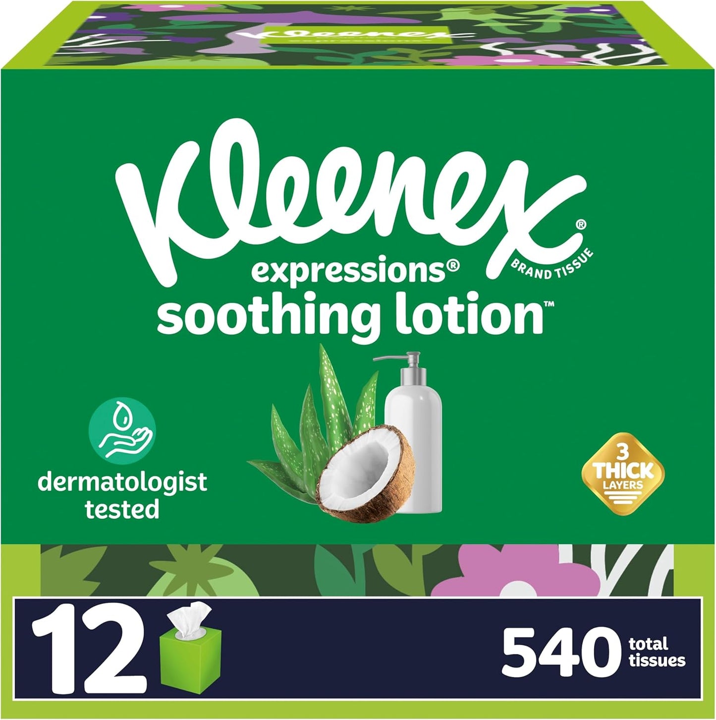 Kleenex Expressions Soothing Lotion Facial Tissues with Coconut Oil, 12 Cube Boxes, 45 Tissues per Box, 3-Ply, Packaging May Vary