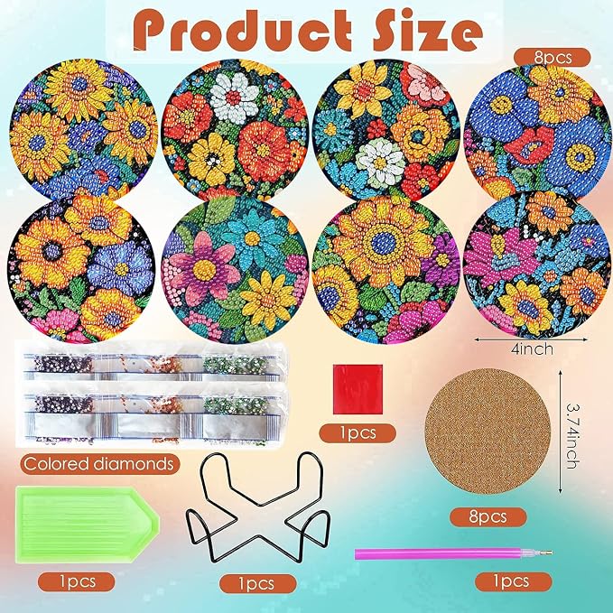 ijbnhd 8 Pcs Flowers Diamond Art Coasters