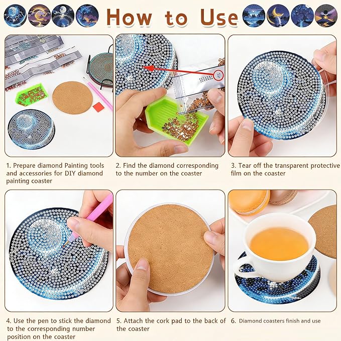 Gemozaic 8PCS Diamond Art Coasters Kit, Moon Night Landscape Diamond Painting