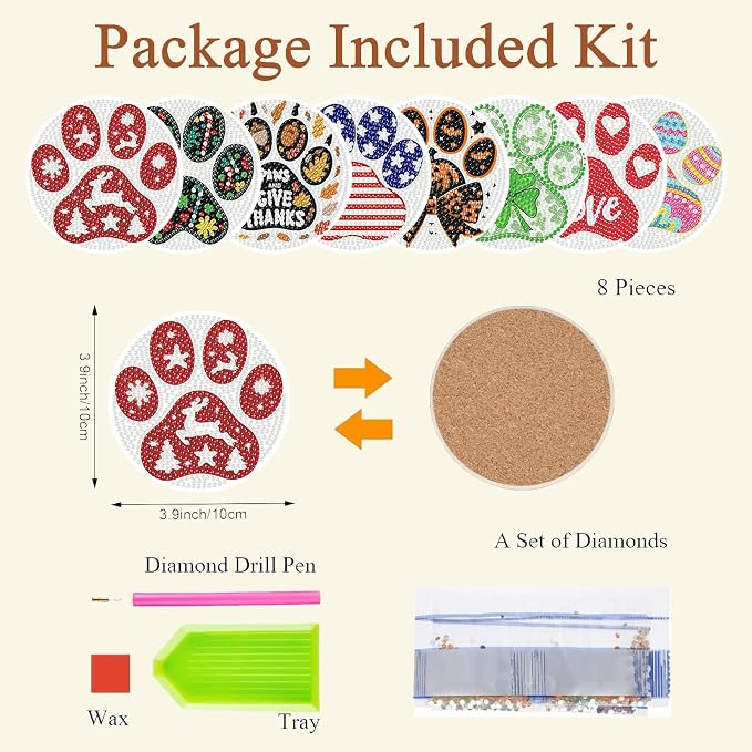 8 PCS Diamond Art Coasters Kit, Cute Paw-Shaped Diamond Painting Coasters