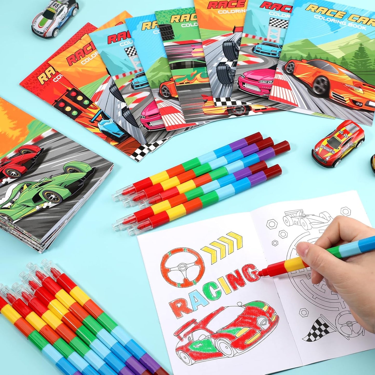 BenLouis 12 Race Car Mini Coloring Books Kids with 12 Stacking Crayons Racing Theme Party Favors Small Activity Books Bulk for Kids Fast Racecar Wheel Birthday Party Gift Goodie Bag Stuffers