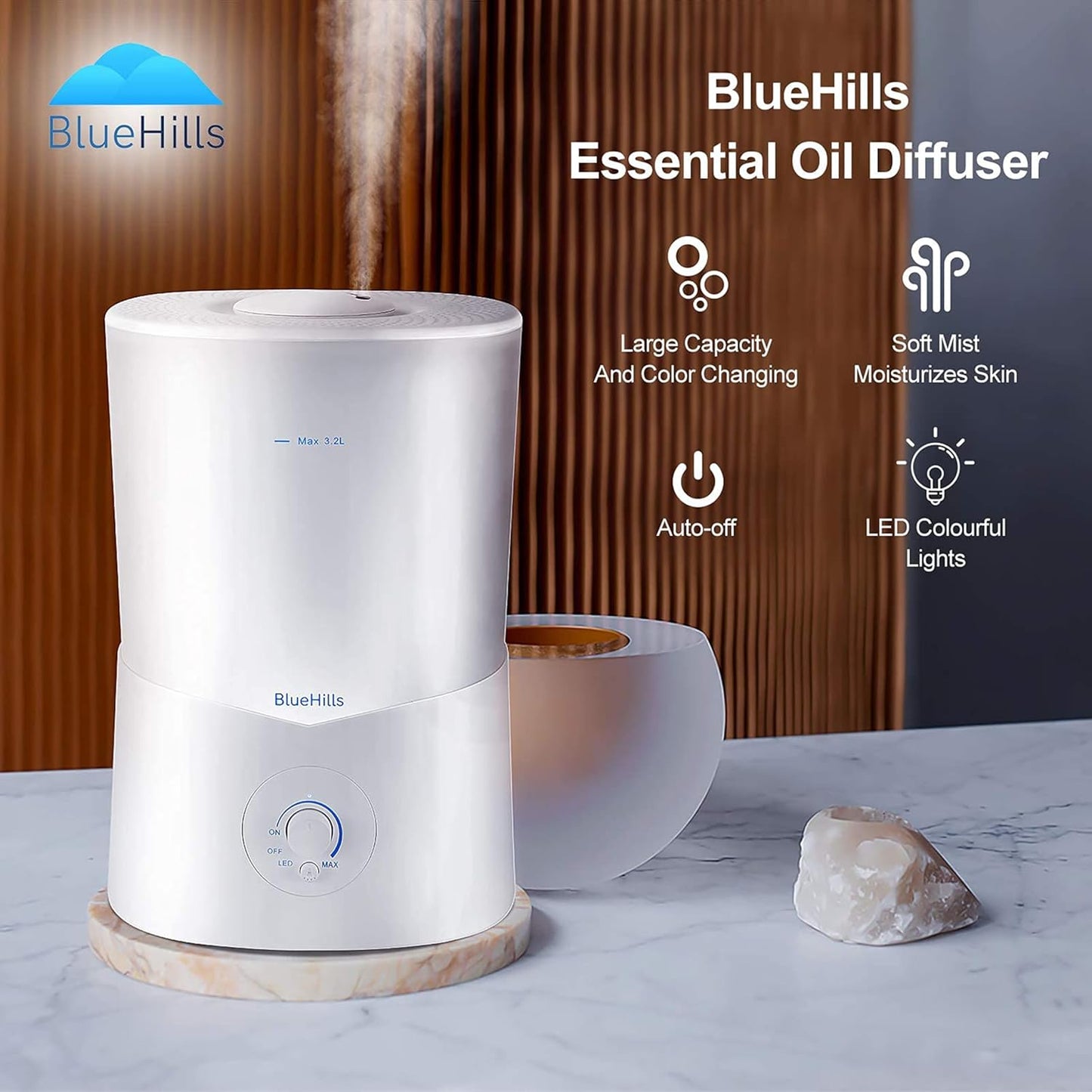 BlueHills Premium 3000 ML XL Essential Oil Diffuser Aroma Humidifier 3 Liter Big Capacity Huge Size Plant Baby Living Room Décor Lights Home High Mist Long Run Time Aromatherapy Diffuser White 3L-K1