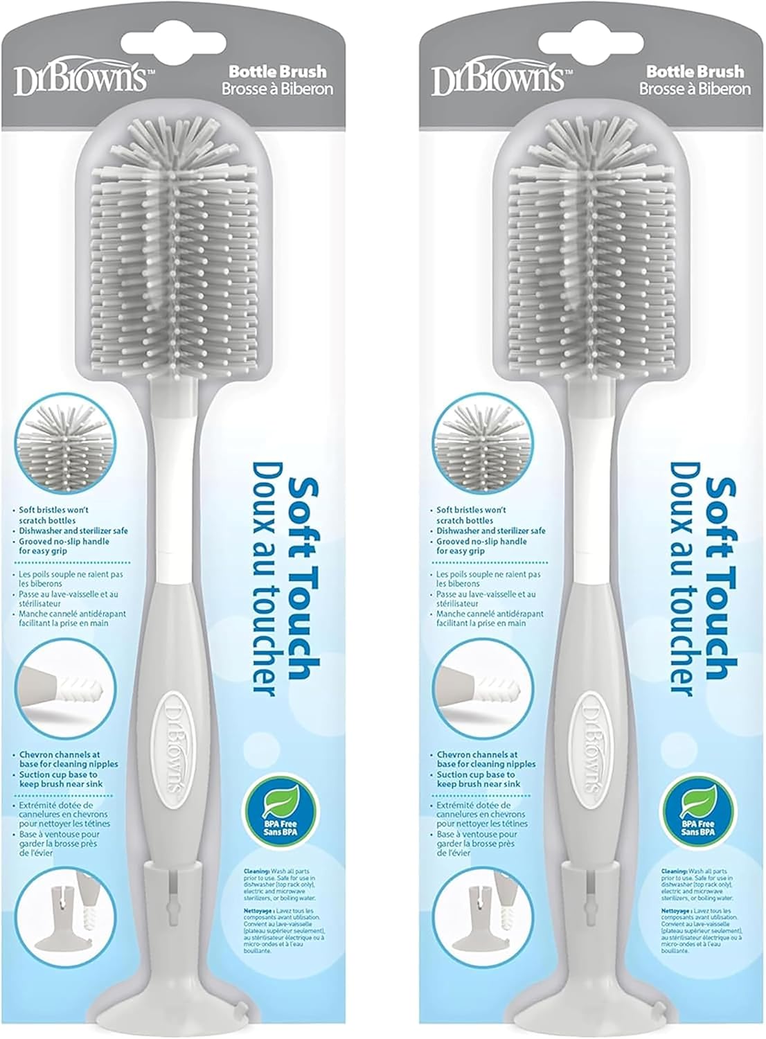 Dr. Brown's Soft Touch No Scratch Baby Bottle Cleaning Brush, Nipple Cleaner & Suction Cup Base for Easy Storage, BPA Free, Gray (Pack of 2)