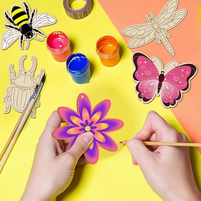 36PCS Wooden Spring Ornaments to Paint, 6 Styles DIY Blank Unfinished Wood