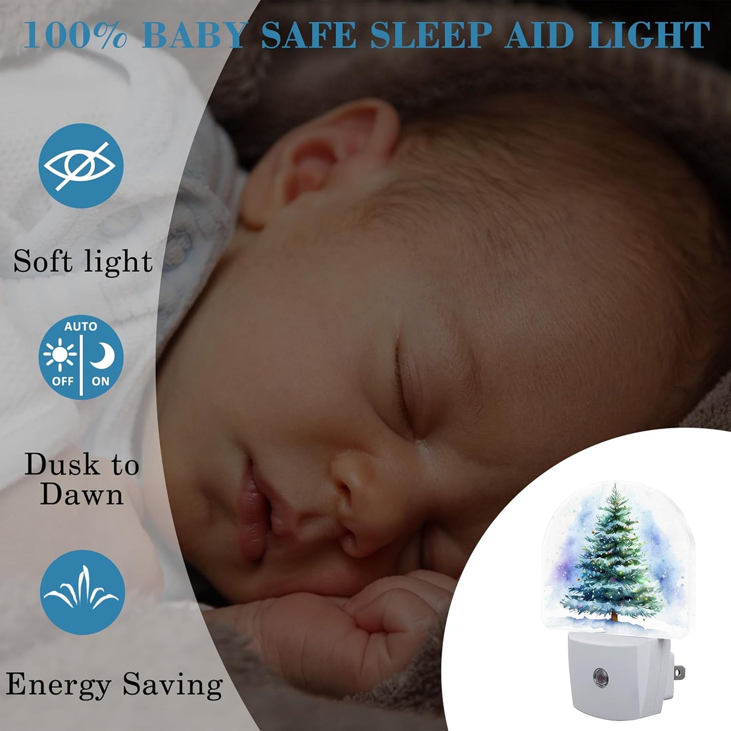 Watercolor Christmas Tree Night Light for Kids, LED Night Light Plug into Wall with Dusk to Dawn Sensor for Girls Boys Women Men Room Decor, Hallway, Kitchen, Bathroom, Nursery, Stairs