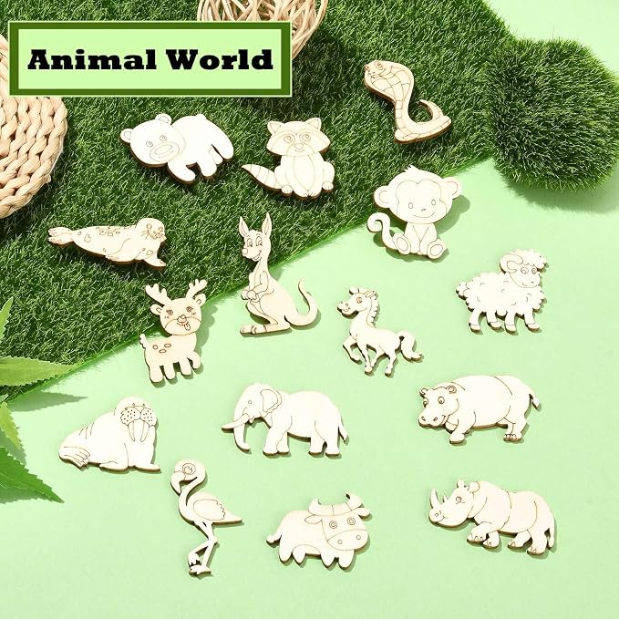 100 Pcs Unfinished Wooden Animal Cutouts Cute Blank Wood Slices