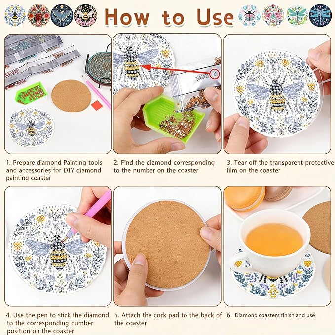 Gemozaic 8PCS Diamond Art Coasters Kit, Insects Diamond Painting Coasters