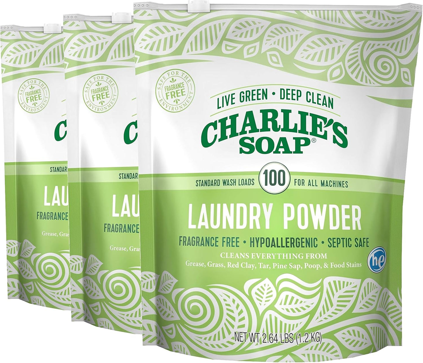 Charlie’s Soap Laundry Powder (100 Loads, 3 Pack) Hypoallergenic Deep Cleaning Washing Powder Detergent – Eco-Friendly, Safe, and Effective