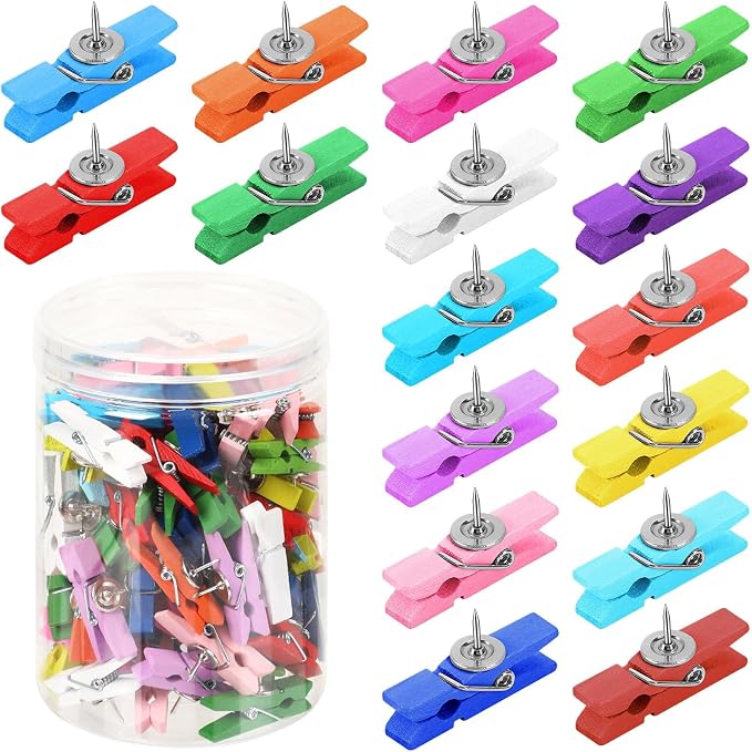 SANNIX 100Pcs Wooden Push Pin Clips, Bright Wooden Clips