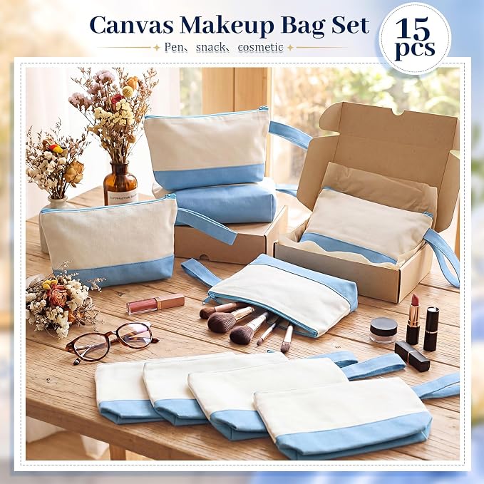 Silkfly 15 Pcs Cotton Canvas Makeup Bags Cosmetic Zipper Bags 10.2 x 5.5 x 2''
