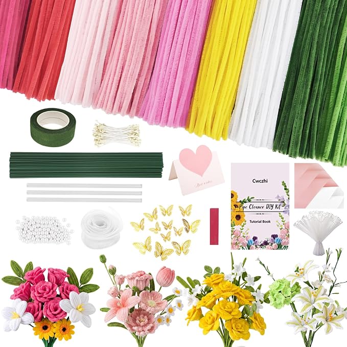 Cwczhi 600 PCS Pipe Cleaners Craft, 9 Assorted Colors Pink Pipe Cleaner Flower