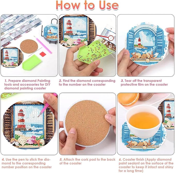 8 PCS Diamond Art Coasters Kits Lighthouse Diamond Painting Coaster | Diamond