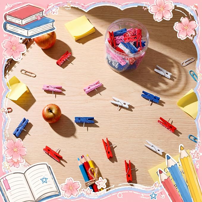 LemonRoad 60 Pcs Push Pin with Wooden Clips Teacher Cork Board Artworks