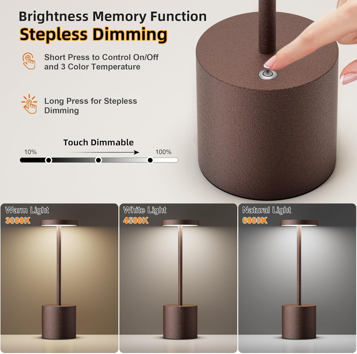Cordless Table Lamps Rechargeable - Outdoor Waterproof LED Table Light Portable 5000mAh Battery Operated Lamp 3 Color Stepless Dimming with Memory Function for Restaurant Dining Patio Rust