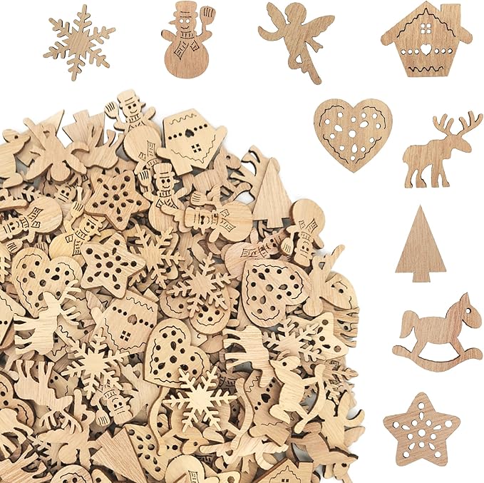 DIYOMR 200Pcs Hollow Wood Pieces Unfinished Wooden Vintage Embellishments
