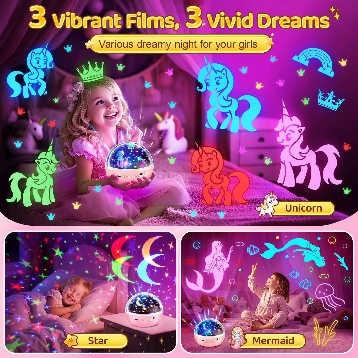 Girl Toys Age 1-10 Years Old, 【3 Film & 93 Colors】Princess Toys Mermaid Toys Unicorn Toys for Girls Age 4-6 Night Light for Kids Projector, Remote Control Little Girls Toys, Girl Gifts Toys for 3-8