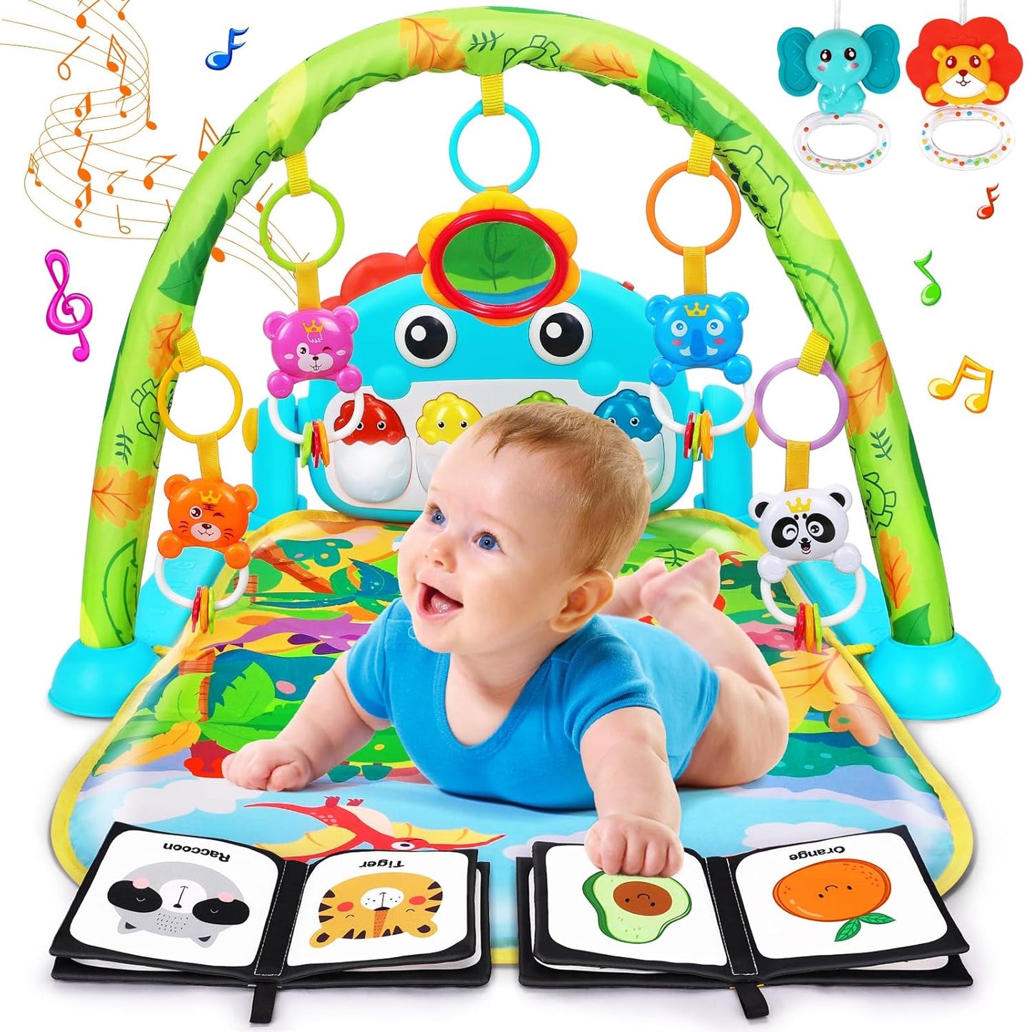 Baby Play Mat Baby Toys Tummy Time Mat Toys Musical Activity Center for Infant Toy with High-Contrast Piano Music & Light Newborn Babies Gifts for Boy Girl Babies Toy 0-6 6-12 Months Dinosaur Style