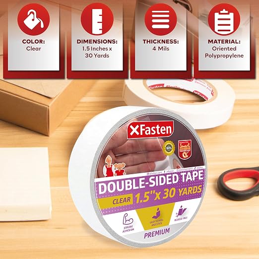 XFasten Double Sided Tape Clear, 1.5-Inch by 30-Yards, Single Roll Ideal as a