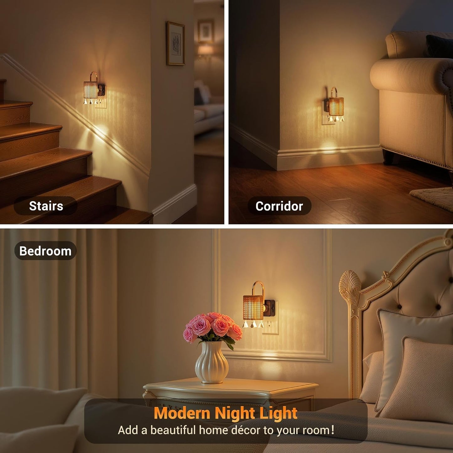 JandCase Night Lights Plug into Wall, Boho Night Light Dusk to Dawn Light Sensor, Warm White 3000K LED Nightlight, Adjustable Brightness for Bathroom Bedroom Hallway Kitchen