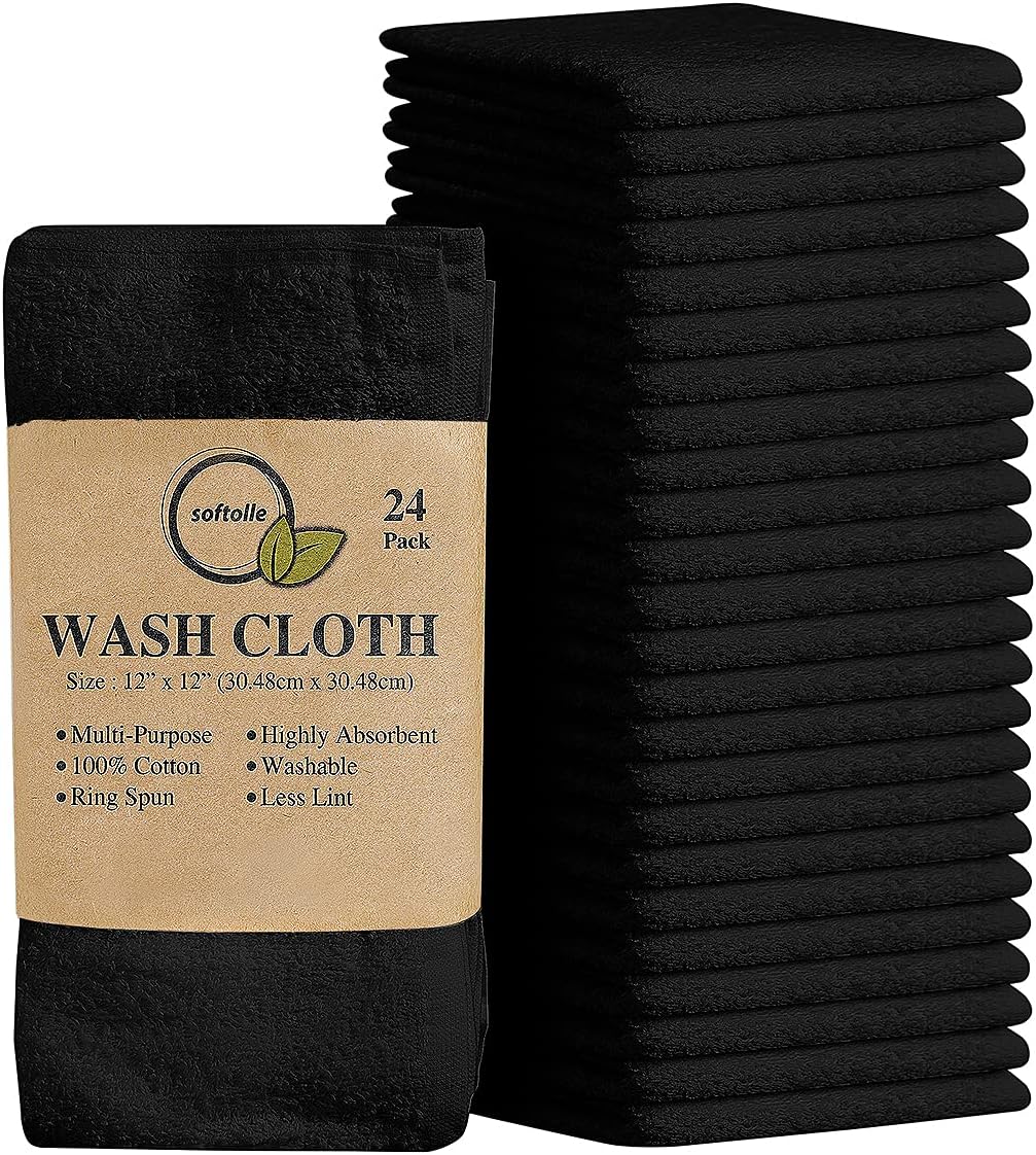 Softolle 100% Cotton Washcloths 24 Pack (12x12 Inches) Soft, Highly Absorbent Washcloth, Face Towels, Wash Cloths for Face, Ring Spun, Bulk Pack (Black)