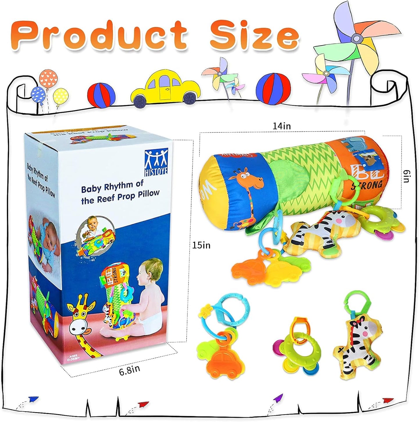 HISTOYE Baby Tummy Time Pillow Toy with Detachable Rattles Crawling Roller Developmental Baby Toys 3-6 Months Baby Toys 6-12 Months Infant Toys 0 3 6 9 12 Months Old Toys for Baby Infants Newborn