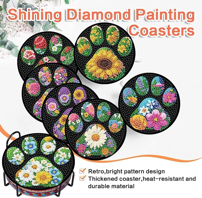 ijbnhd 8 Pack Diamond Art Coasters Kits Dog Paw | Diamond Painting Coasters Kit