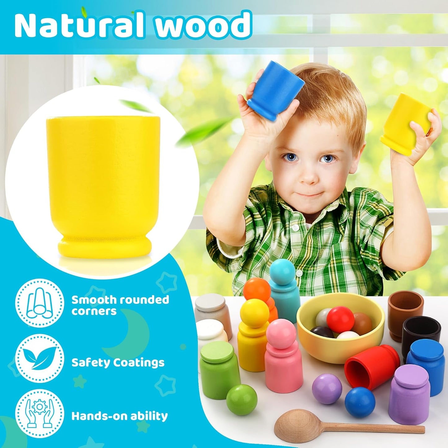 Ball in Cup Montessori Wooden Rainbow Color Sorting Toy for Toddlers - Preschool Color Matching - 12 Balls 40mm