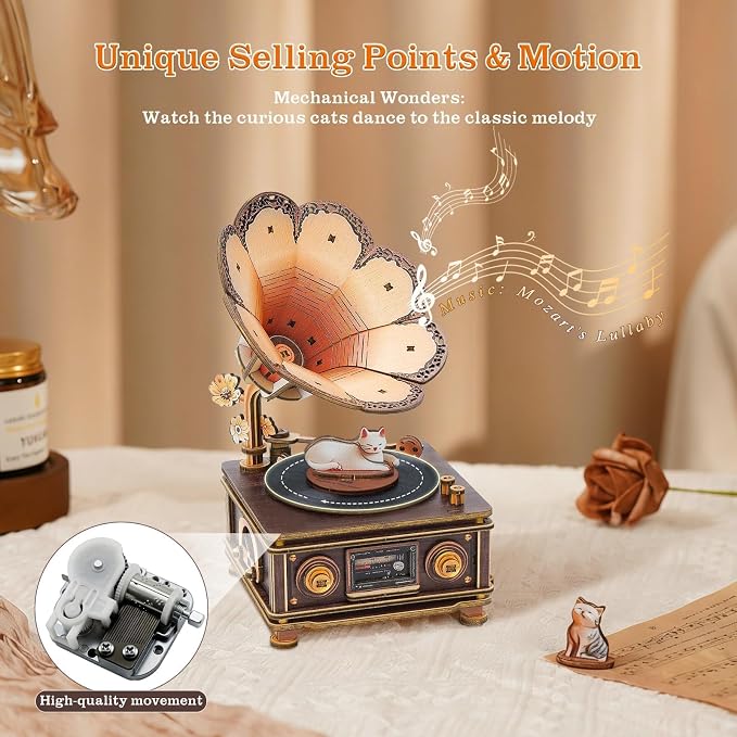 3D Wooden Puzzle Mechanical Gramophone, Wood Model Kits