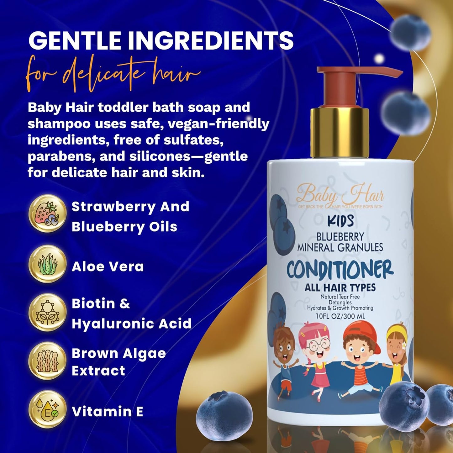 BABY HAIR - Blueberry Mineral Kids Hair Conditioner, Sulfate-Free Toddler Hair Conditioner, Hair Conditioner for Kids with Blueberry & Strawberry Oil, Aloe Vera, and Biotin, 10 fl.oz