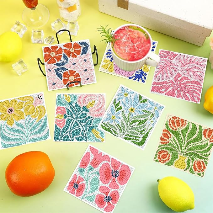 Gemozaic 8PCS Flowers Diamond Art Coasters Kits, Simple Floral Diamond Painting