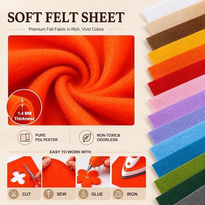 Bright Orange Large Felt Fabric 36" x 36", 1.4 mm Soft Felt Sheet, Nonwoven