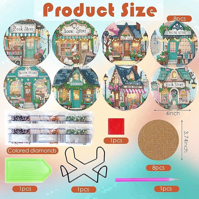 ijbnhd Diamond Art Coasters Kits, Book Store, 4x4 inch | Cork Wooden Pad