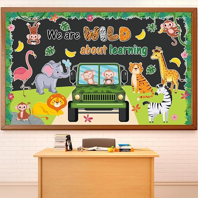 72PCS We Are Wild About Learning Bulletin Board Set Jungle Animals Truck