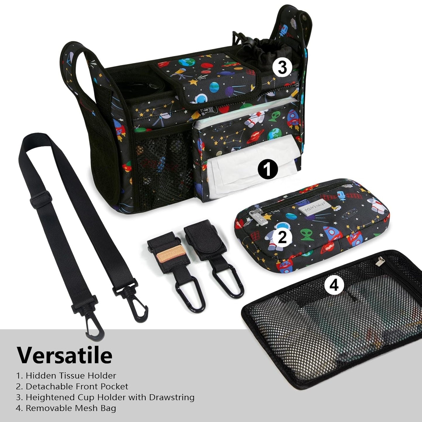 TOPDesign Universal Baby Stroller Organizer, Stroller Caddy with Detachable Mesh Bag & Heightened Insulated Cup Holders & Non-Slip Secure Hooks Accessories, Fits Most Strollers (Space Exploration)