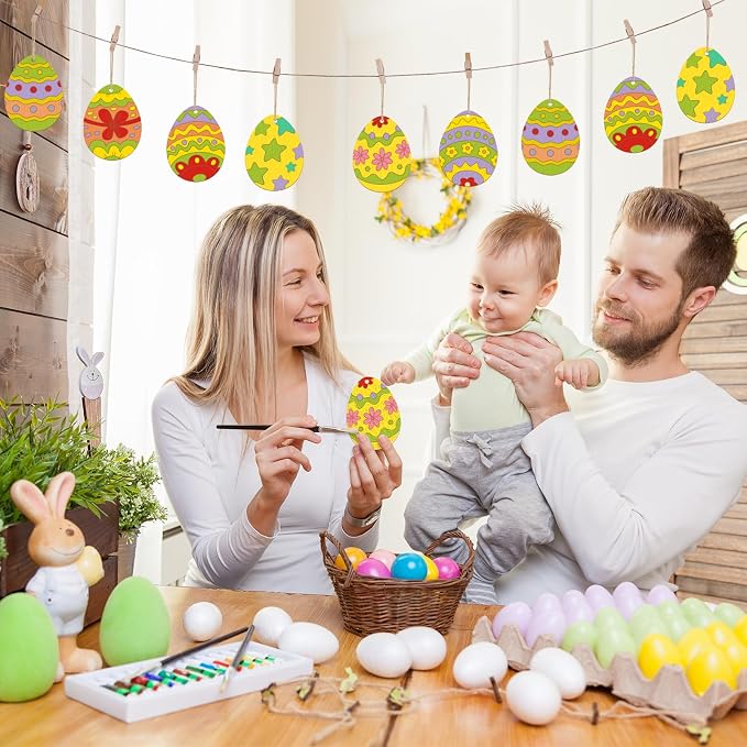 36PCS Wooden Easter Ornaments to Paint, 6 Styles DIY Blank Unfinished Wood Egg