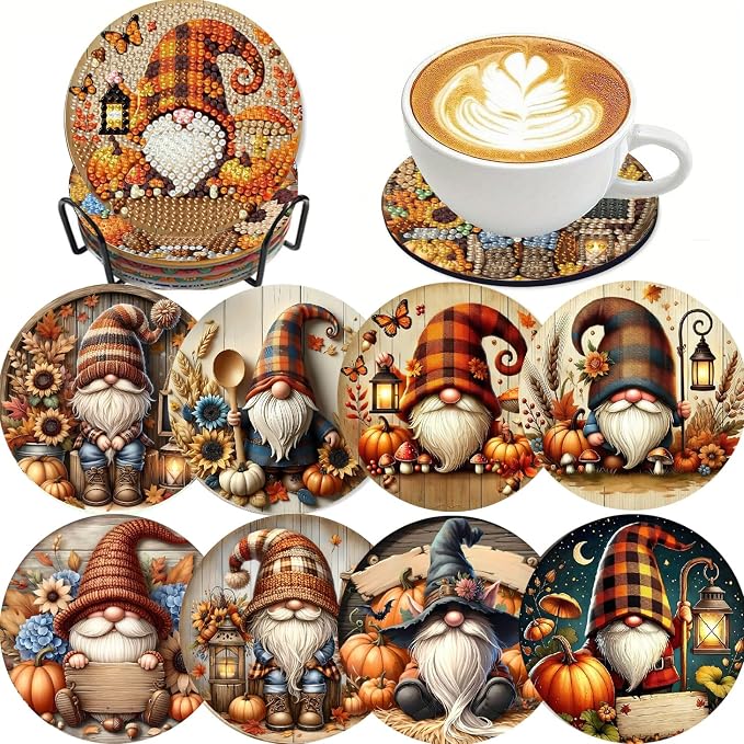LWZAYS 8 Pcs 5D Autumn Gnome Diamond Art Coasters Kits