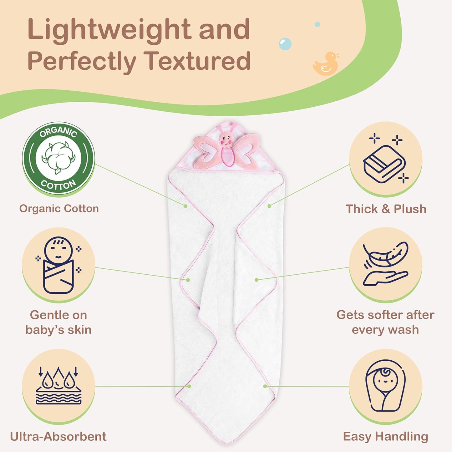 Mother's Choice Baby Hooded Towel - Large Size Cotton, Ultra-Soft & Absorbent Bath Towel for Newborns, Infants, Toddlers, Boys & Girls with Animal Hood (Butterfly)