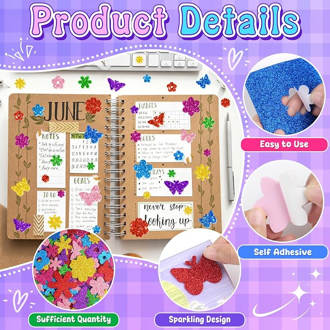 512 PCS Glitter Foam Stickers, Colorful Flower & Butterfly Shapes Foam Stickers