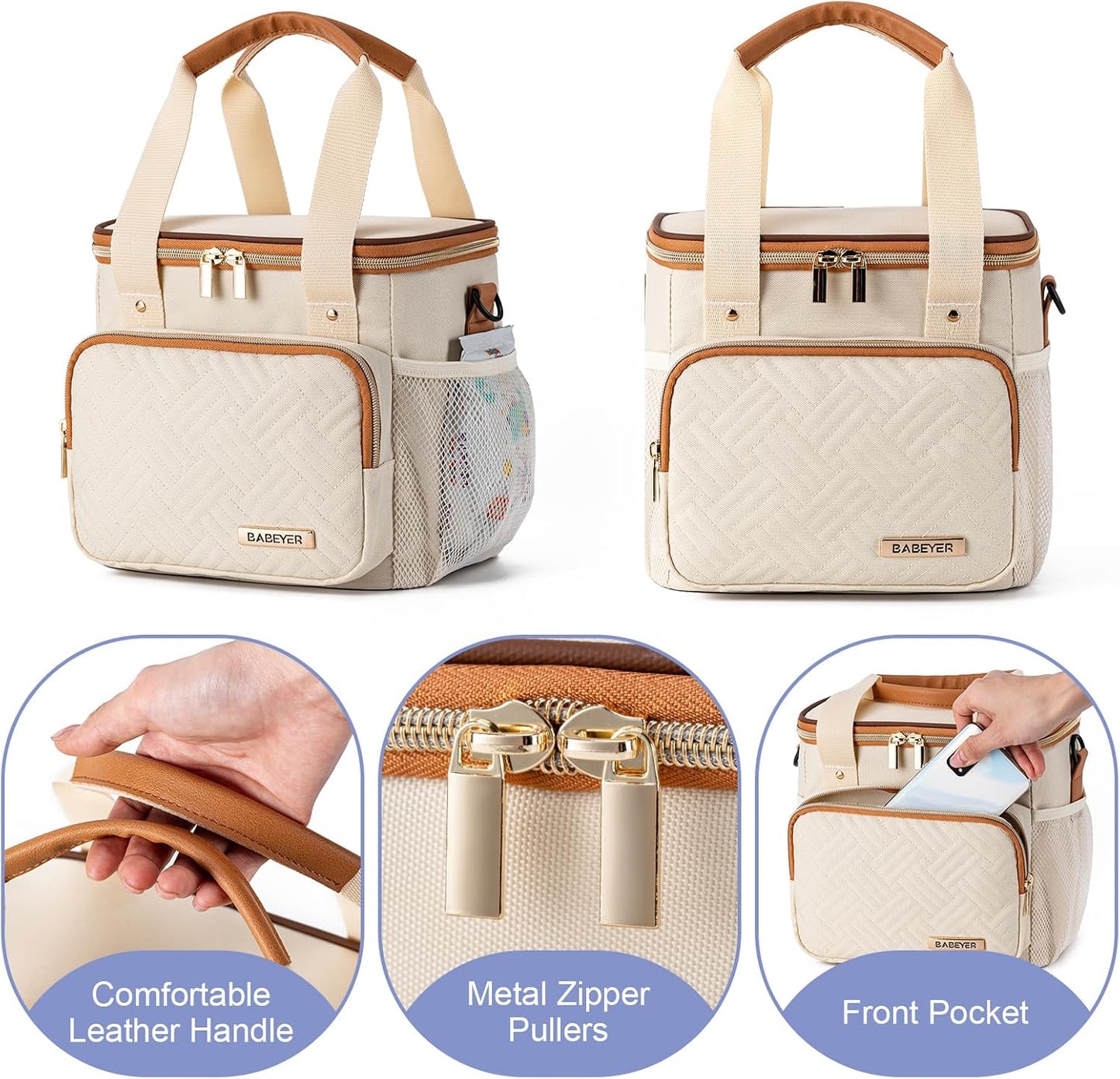 Breastmilk Cooler Bag with Ice Pack Fits 6 Baby Bottles up to 9 Ounce, Breast Milk Pump Cooler Bag for Nursing Mom Daycare, Work, Travel-Cream
