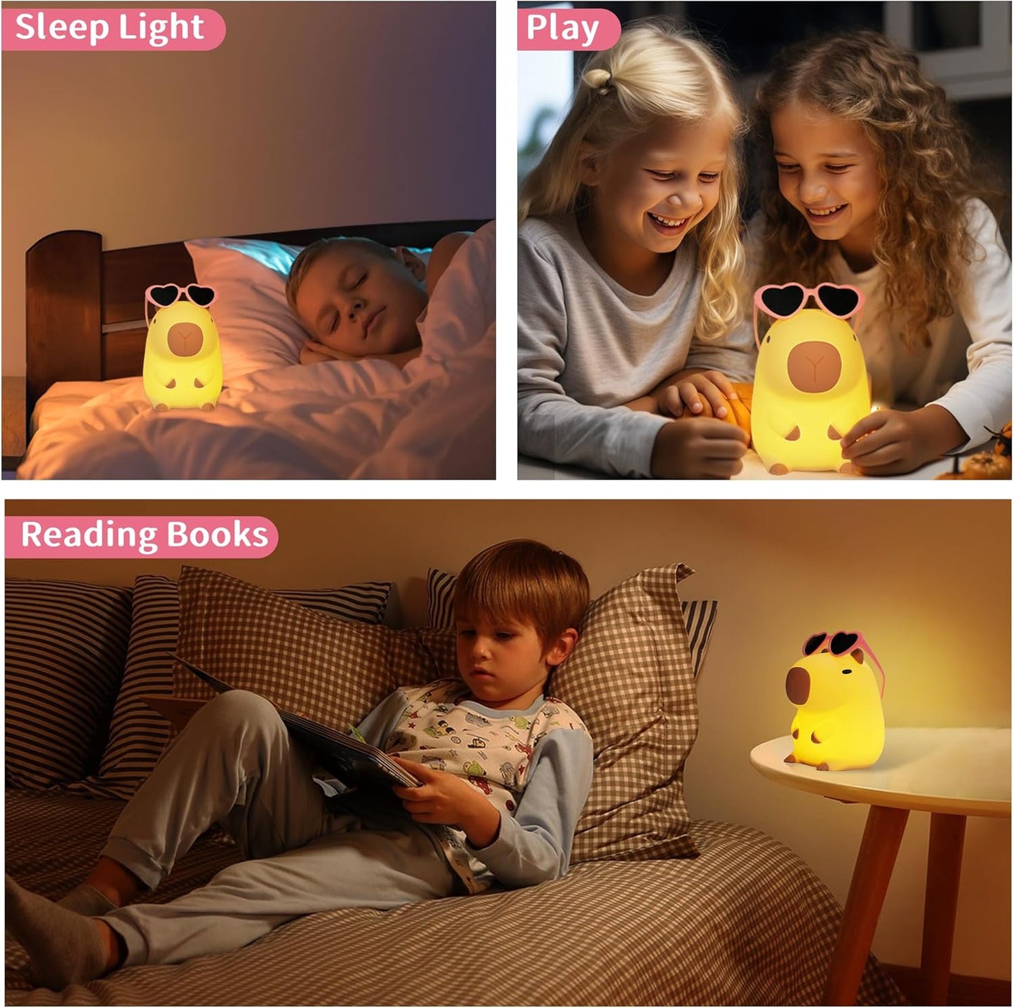 Attivolife Capybara Night Light, Sunglasses Capybara Silicone Lamp for Girls, Touch Nightlight Portable with Dim, Funny Bathroom Table Decor Birthday Xmas Gift for Women Friends（Pink Glasses）
