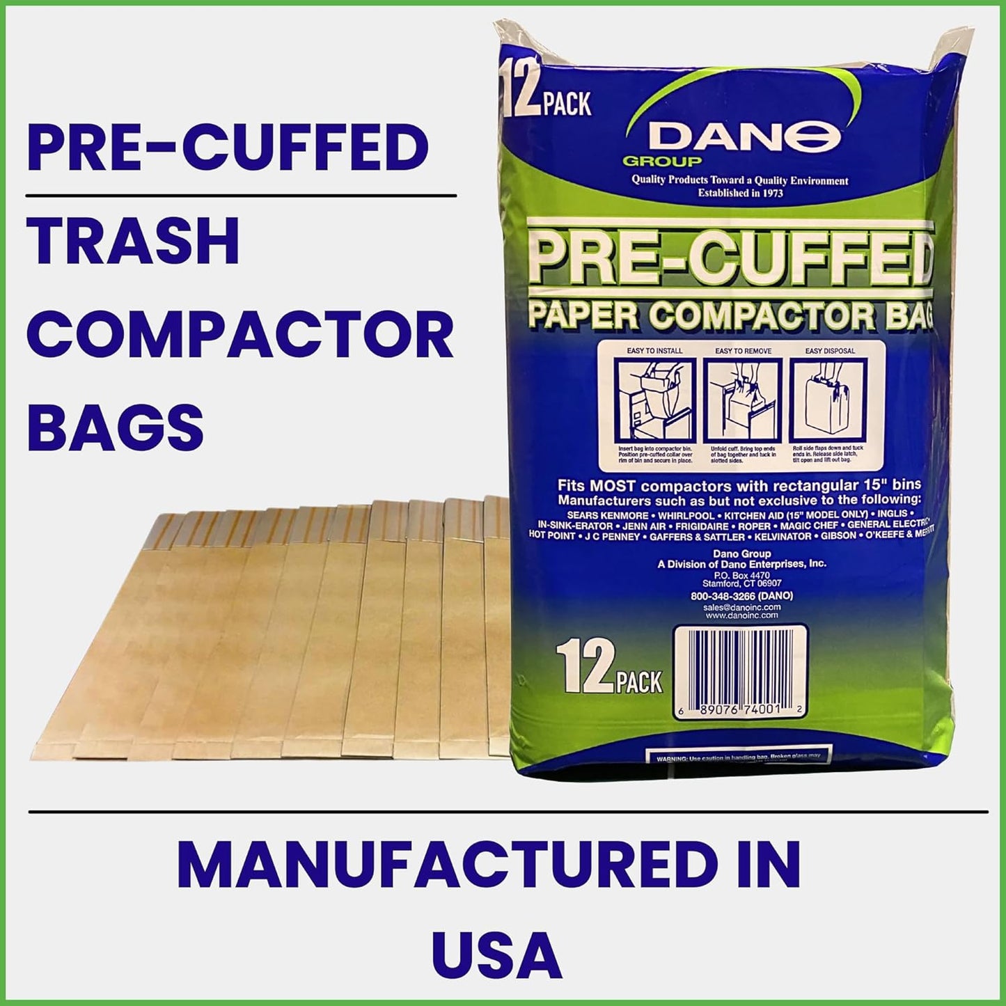 Dano Pre-Cuffed Compactor Bags (12 Pack) - Precuffed, Garbage Compactor, Kitchen Lining, Hardware for Home Use, Durable Material, Kitchen Essential, Paper & Plastic Lined Bags