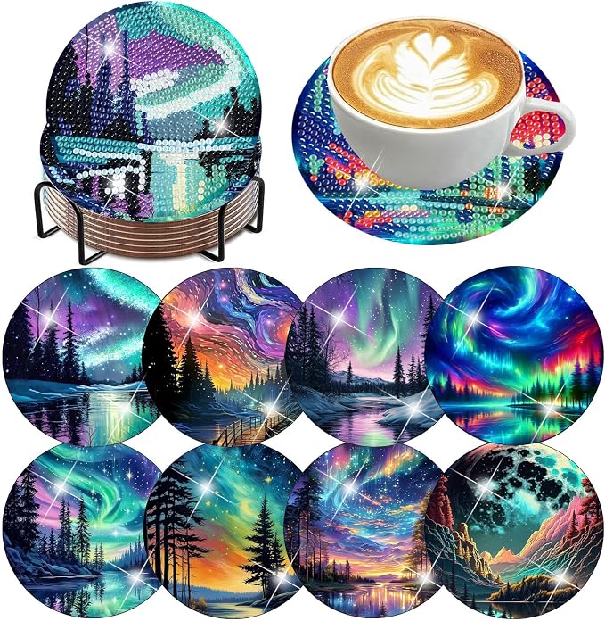 ijbnhd 8 Pcs Aurora Diamond Art Coasters Kits Landscape 4x4 inch | Diamond