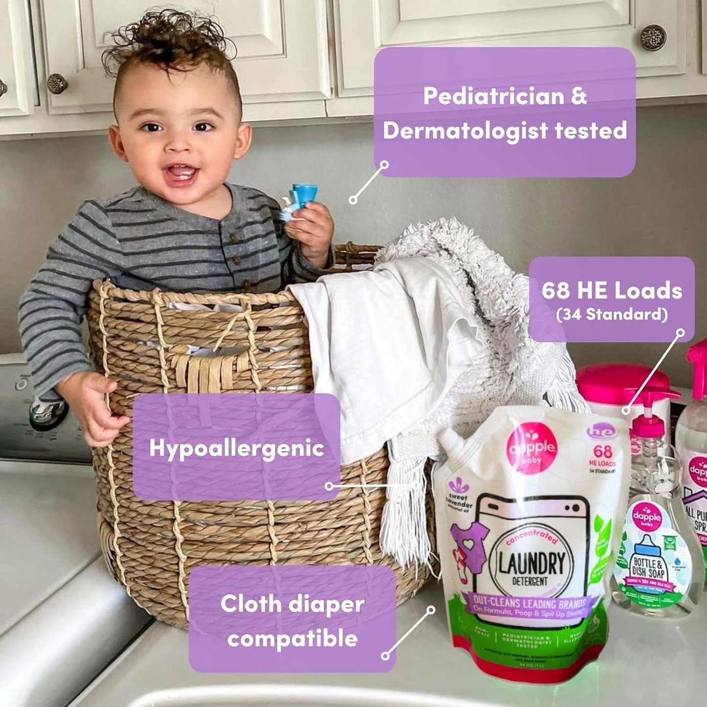 Dapple Baby Laundry Detergent, Powered by Plants, Concentrated, Hypoallergenic, Sweet Lavender, Eco-Friendly Pouch, Stain Remover, 34 Fl Oz (2 Pack)