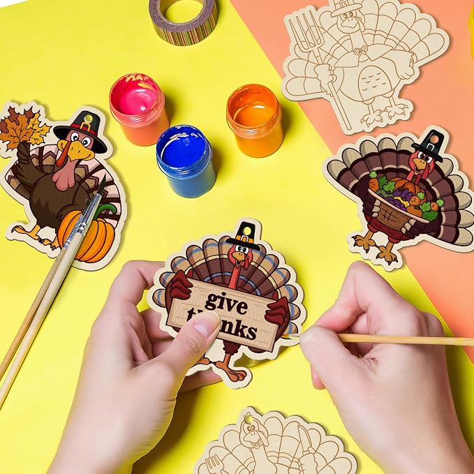 36PCS Wooden Thanksgiving Decoration Turkey Ornaments to Paint Thanksgiving
