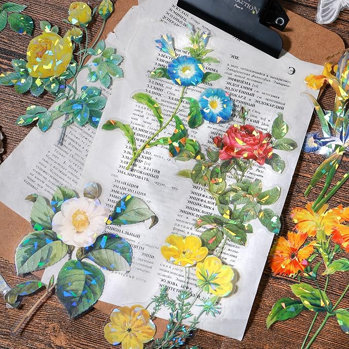 Yoksas 40 Pcs Large Vintage Shiny Flowers Stickers