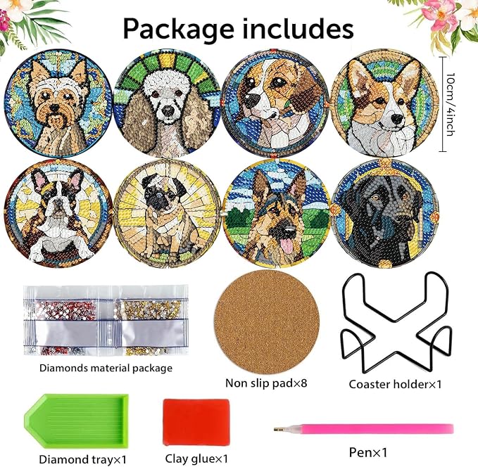 8 Pack Diamond Art Coasters, Dog Animal Diamond Painting Coasters Kits | Dog