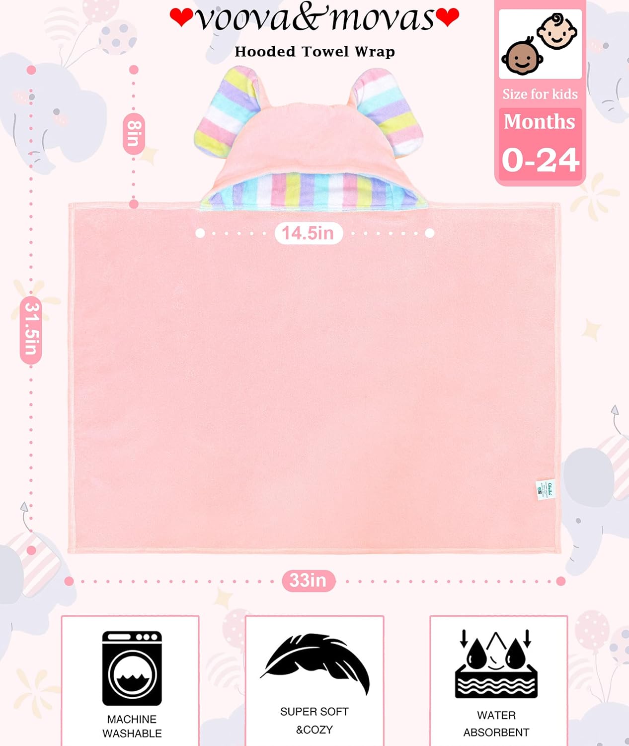 VOOVA & MOVAS Thick Baby Hooded Bath Towel - 100% Cotton,500GSM, 33x31.5 Inches,0-2Years,Super Absorbent Large Towel with Cute Elephant Ears Hood for Newborn, Baby, Infant, Baby Essentials,Pink