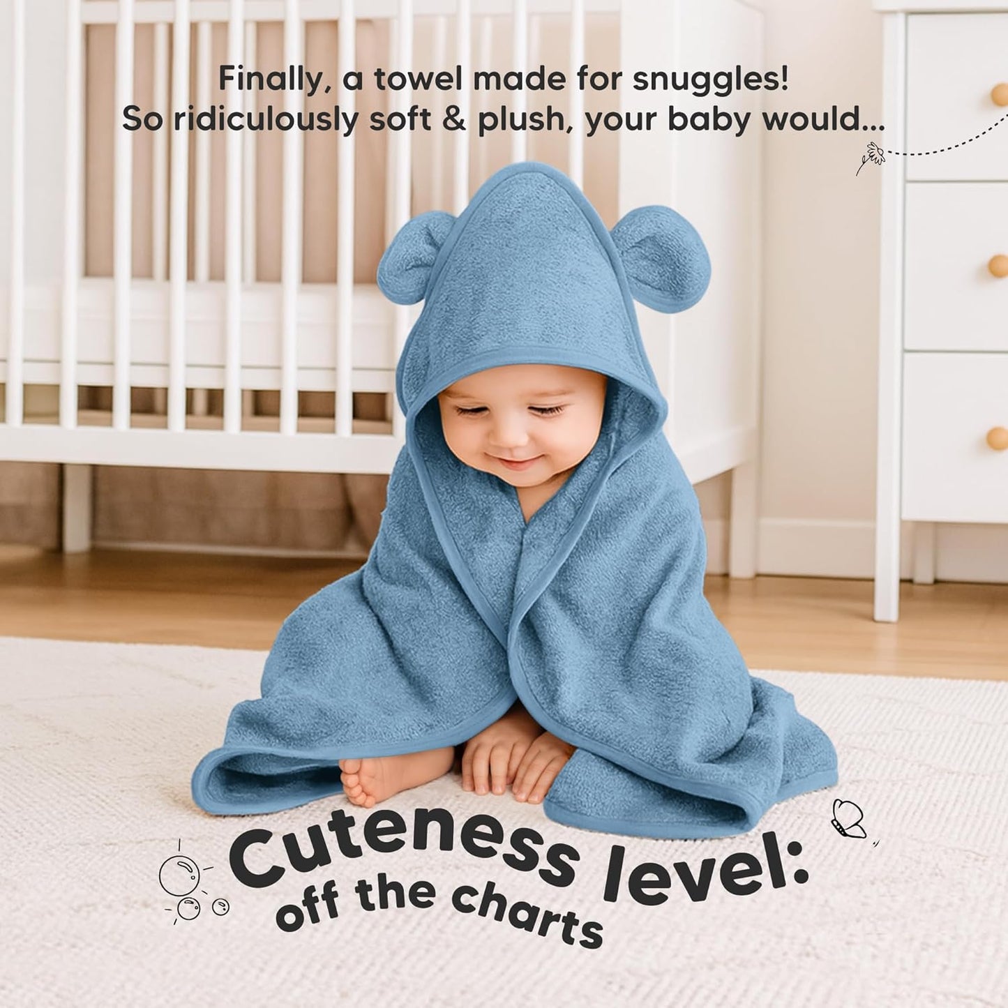 KeaBabies 2-Pack Hooded Baby Towels for Newborn - 30x30 Soft & Absorbent Viscose from Bamboo Baby Bath Towels with Hood for Infant, Toddler,Kids,Boys Girls,Newborn Bath Essentials (Steel, Petite)