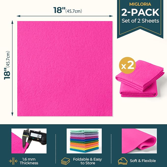 Felt Fabric Sheet 18 x 18 Inch, 1.6mm Thick | Soft and Flexible Nonwoven