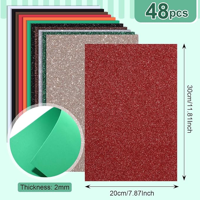 Feifeiya 48 Pack Glitter Foam Sheets Craft, 8 x 12 Inch Assorted Colors